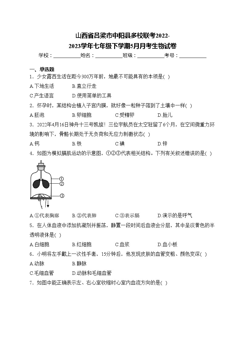 山西省吕梁市中阳县多校联考2022-2023学年七年级下学期5月月考生物试卷(含答案)01