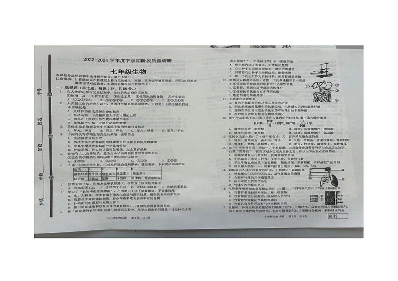 山东省临沂市兰陵县2023-2024学年七年级下学期4月期中生物试题01