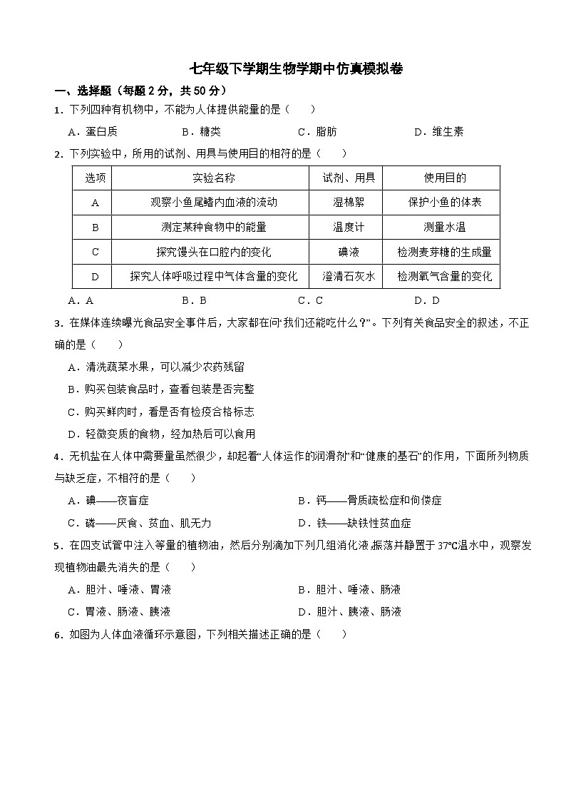 2024年北师大版七年级下学期生物学期中试卷附答案第1页