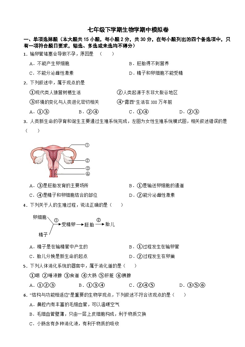 2024年广西七年级下学期生物学期中试卷附答案第1页