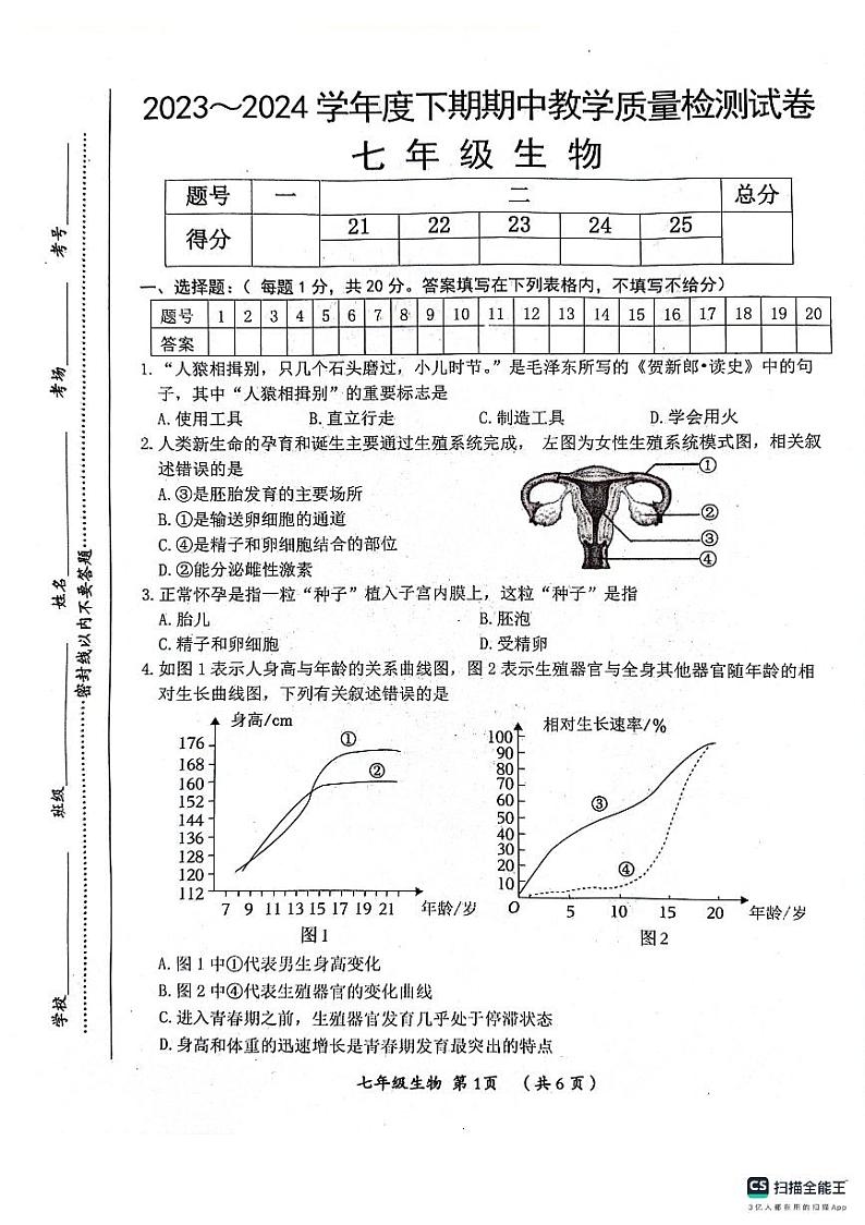 河南省漯河市郾城区2023-2024学年七年级下学期4月期中生物试题第1页