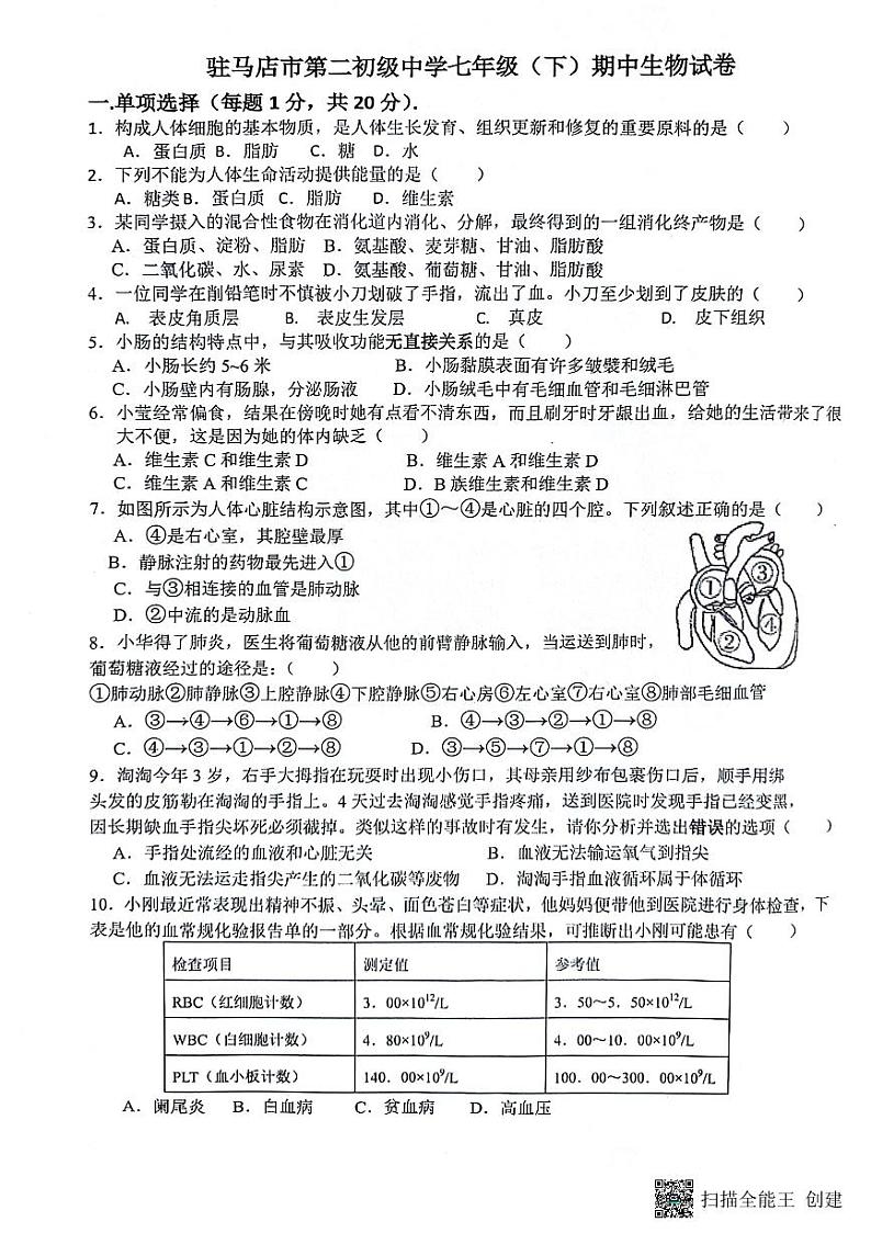河南省驻马店市第二初级中学2023-2024学年七年级下学期4月期中生物试题第1页