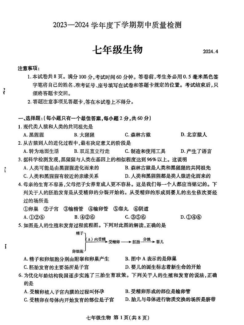 山东省临沂市费县2023-2024学年七年级下学期期中考试生物试题01