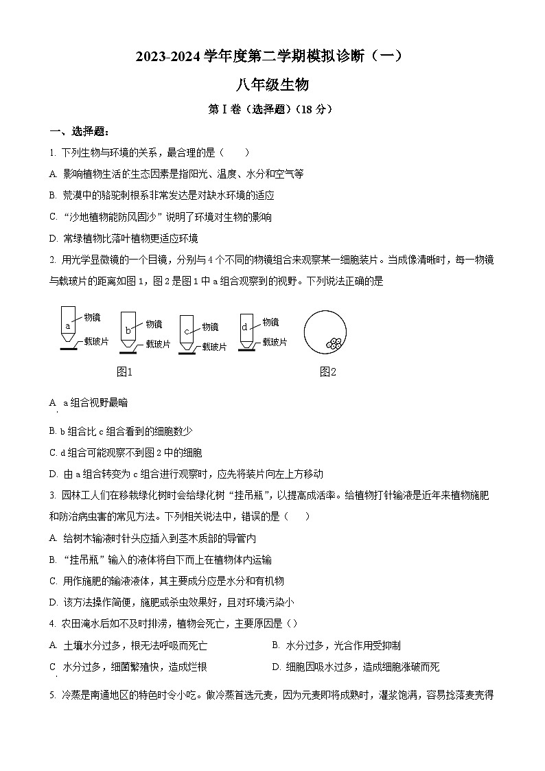 2024年山东省淄博市高青县中考一模生物试题（原卷版+解析版）01