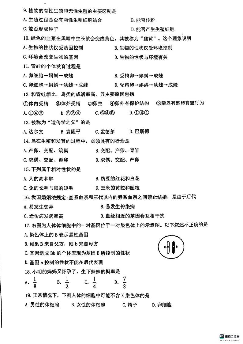 安徽省马鞍山东方实验学校2023-2024学年七年级下学期4月期中生物试题02