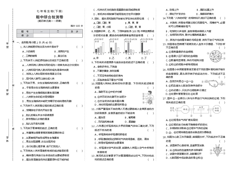 人教版生物七年级下册期中测试卷01
