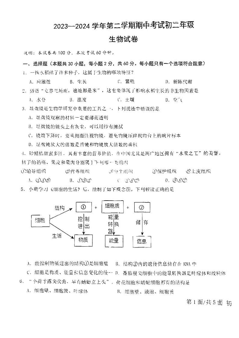 广东省东莞市厚街湖景中学2023-2024学年八年级下学期4月期中生物试题第1页