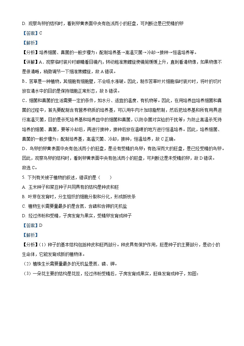 2024年山东省泰安市泰山区中考一模生物试题（解析版）第3页