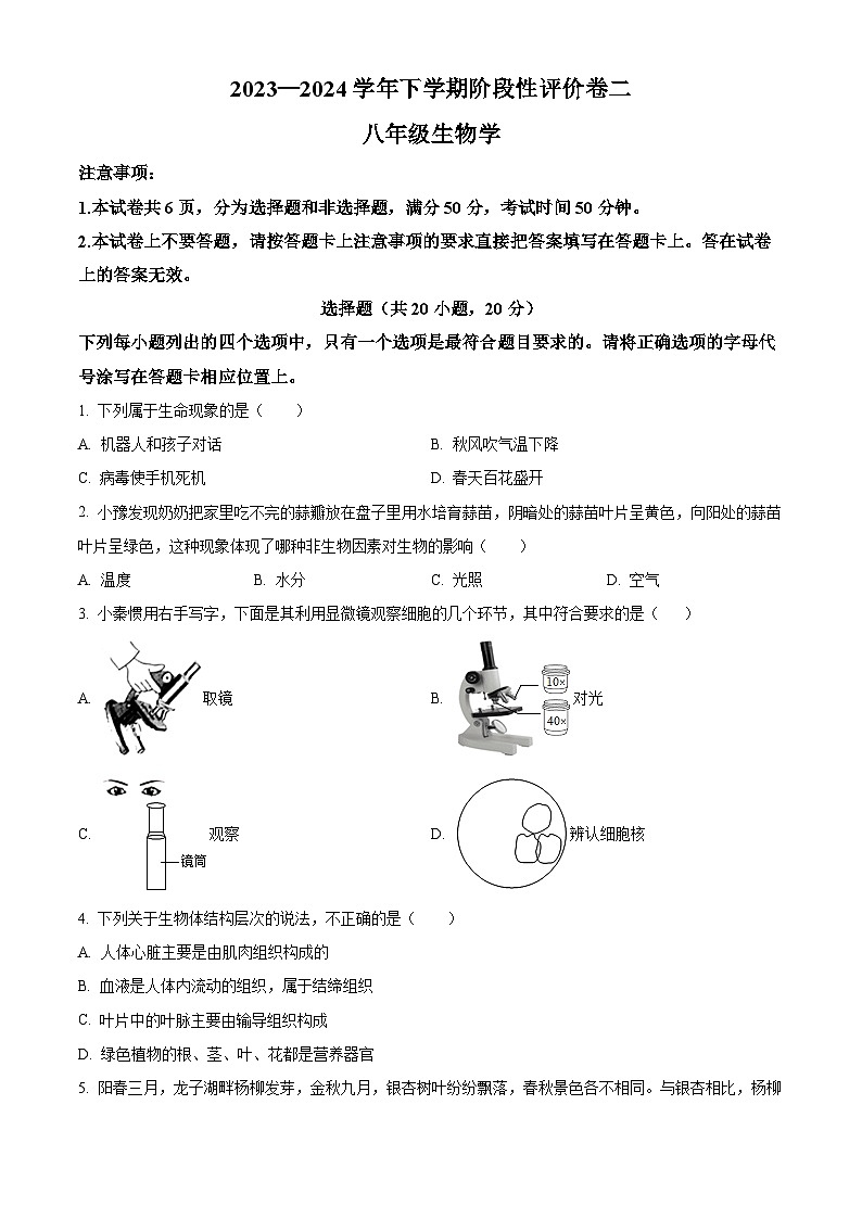 河南省郑州市新郑市2023-2024学年八年级下学期期中生物试题（原卷版+解析版）01