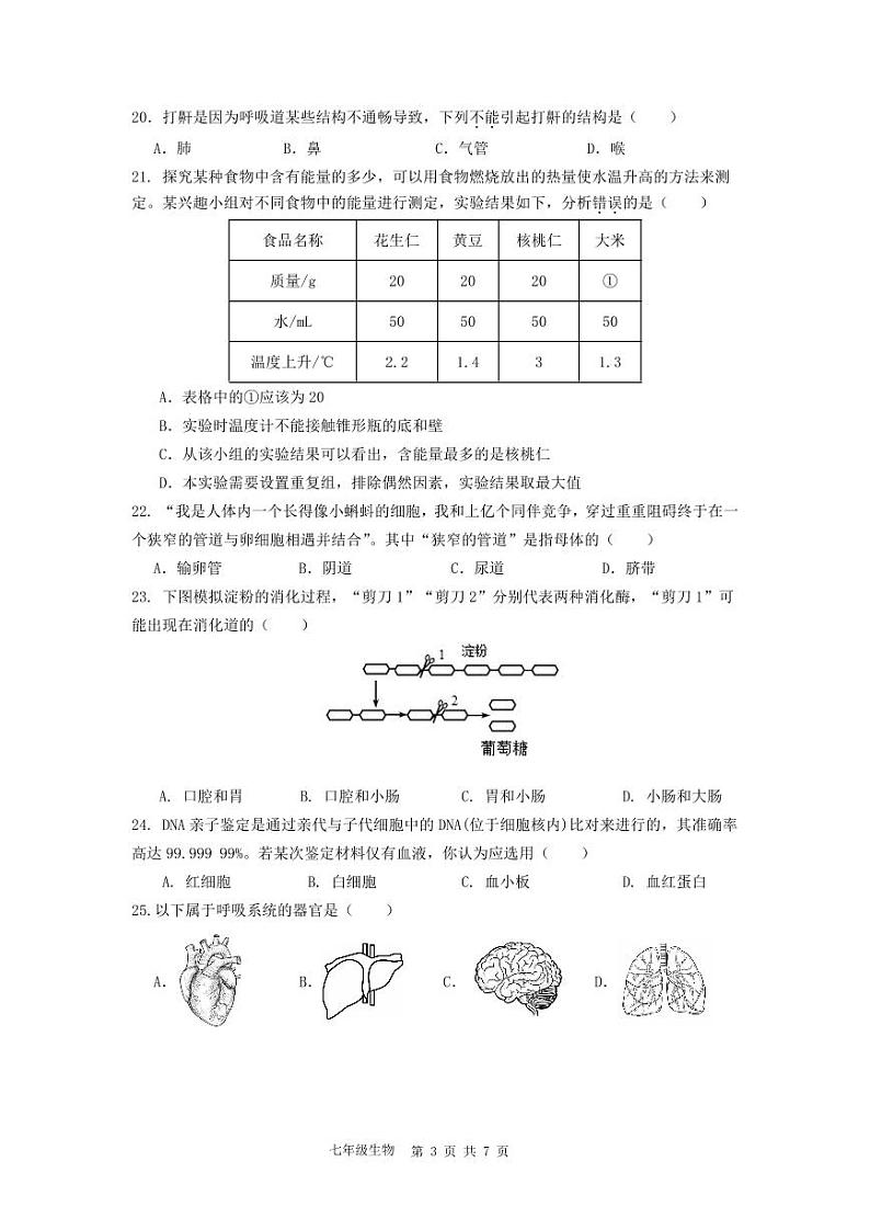 广东省佛山市三水区2023-2024学年七年级下学期4月期中生物试题第3页
