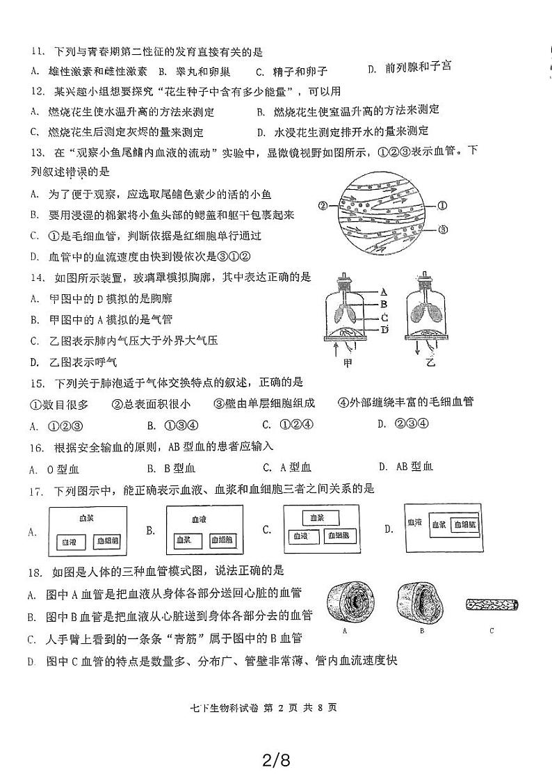 福建省永春第一中学2023-2024学年七年级下学期4月期中生物试题02
