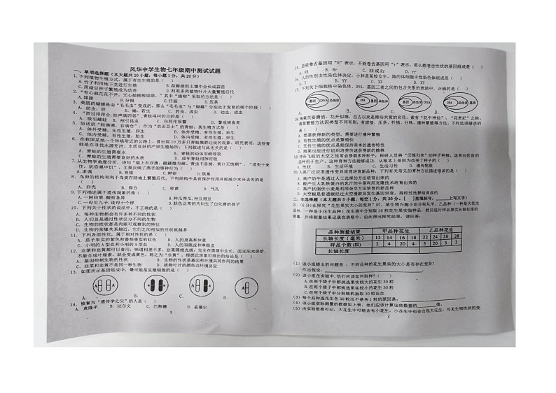 黑龙江省哈尔滨市香坊区风华中学2023-2024学年七年级下学期期中生物试题（图片版无答案）第1页