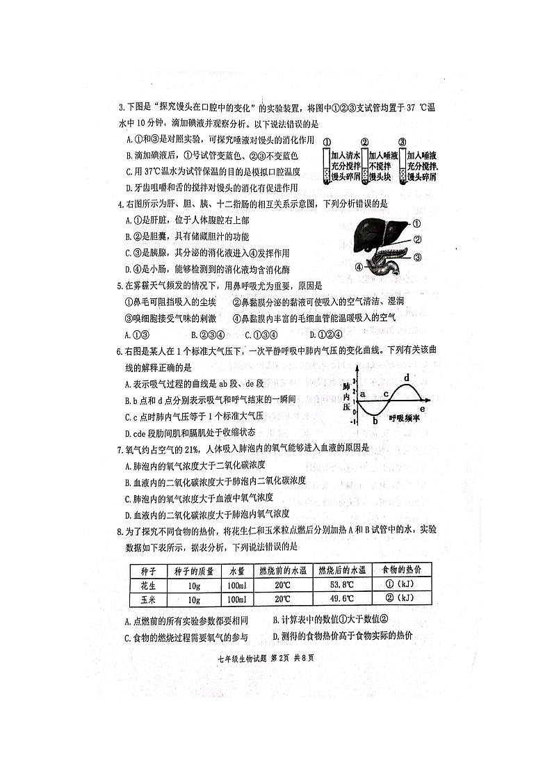 山东省潍坊市高密市2023-2024学年七年级下学期4月期中生物试题（扫描版无答案）第2页