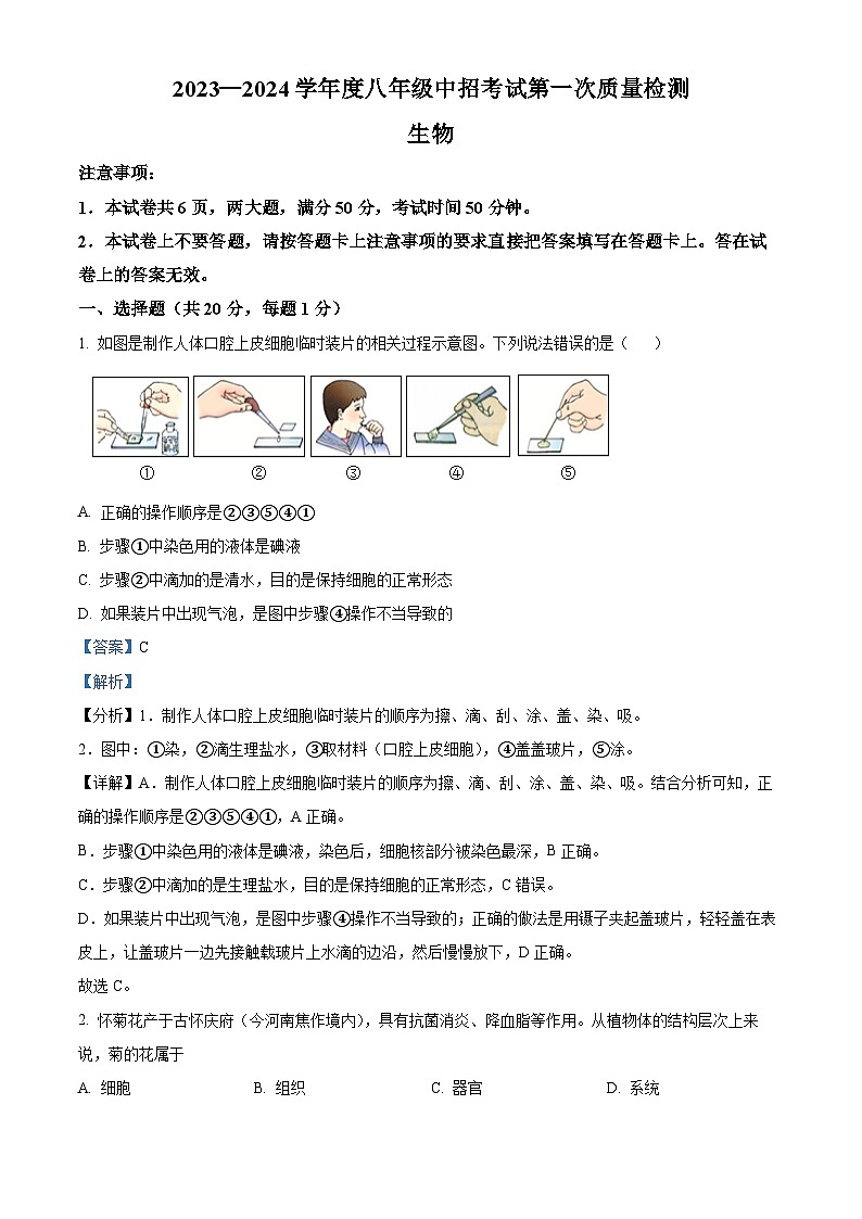 2024年河南省周口市扶沟县中考一模生物试题（原卷版+解析版）01