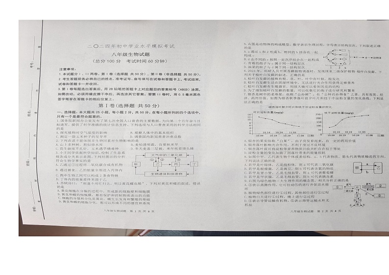 2024年山东省东营市广饶县八年级中考一模生物试题01