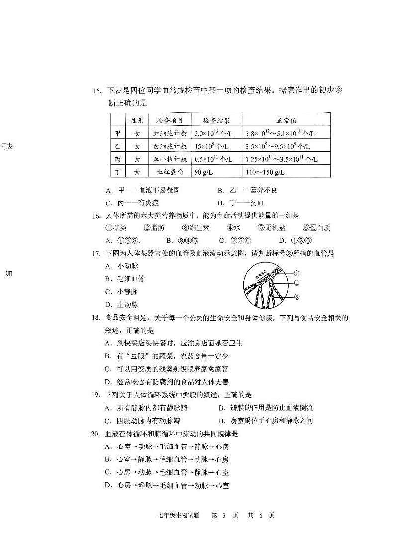 吉林省长春市九台区2023-2024学年七年级下学期4月期中生物试题第3页