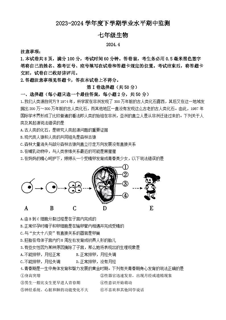 山东省临沂市平邑县2023--2024学年七年级下学期期中监测生物试题第1页