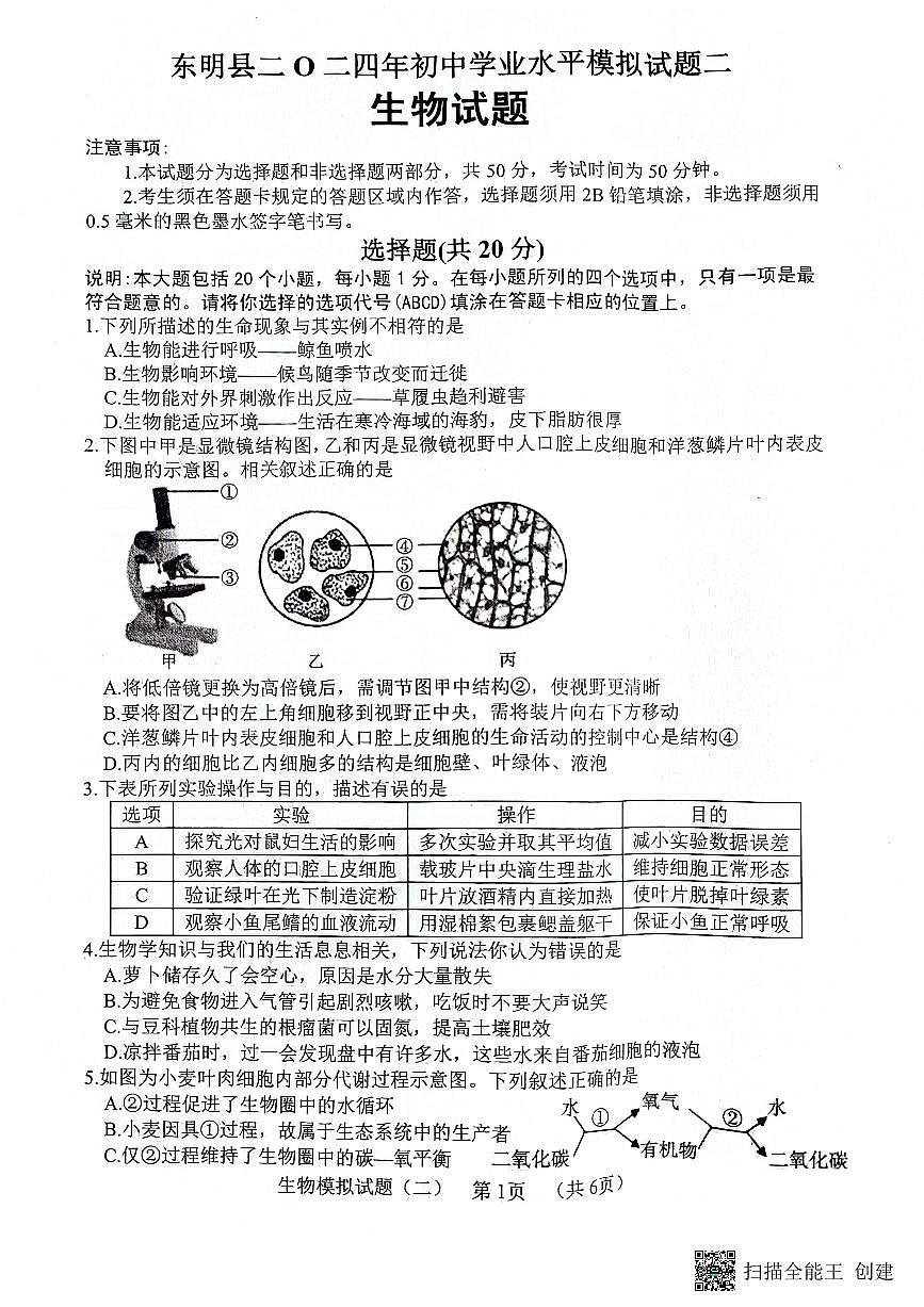 2024年山东省东明县九年级中考二模生物试题第1页