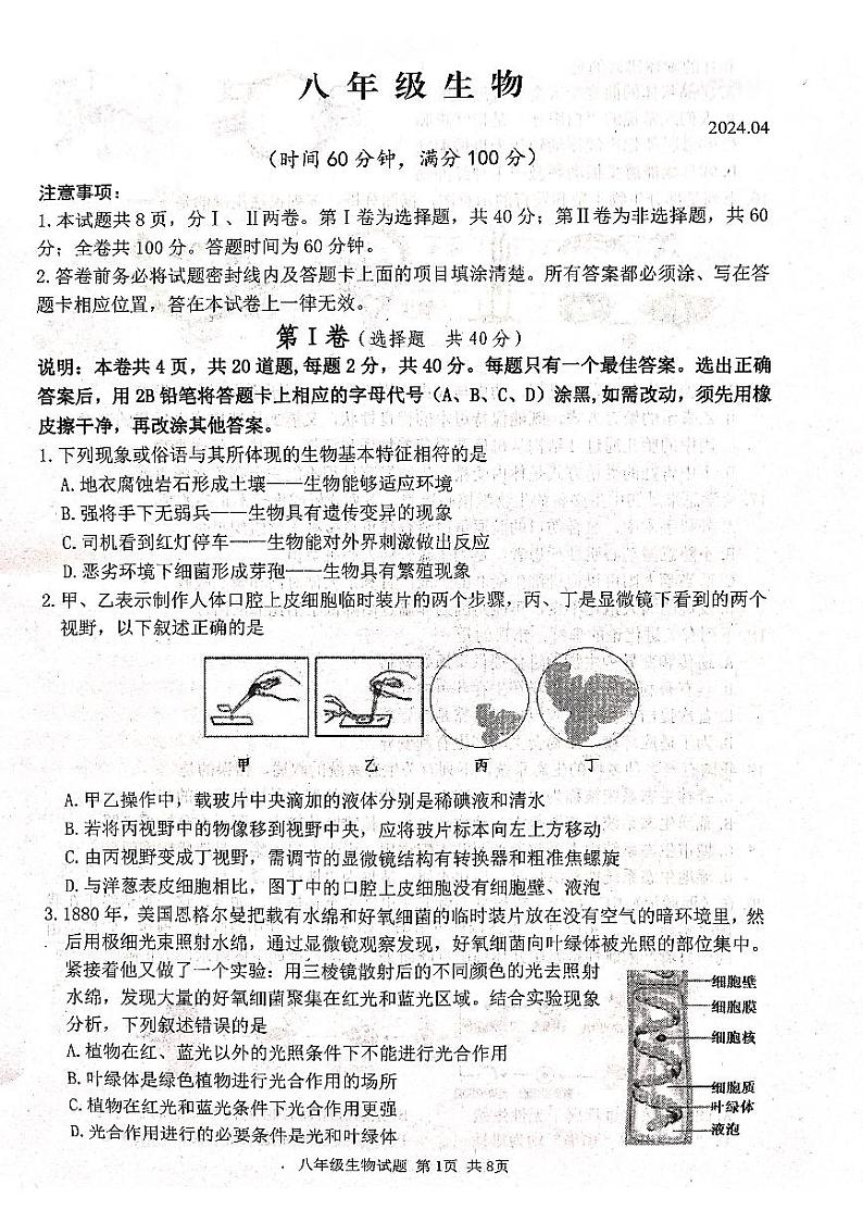 2024年山东省潍坊市高密市中考一模生物学试题01