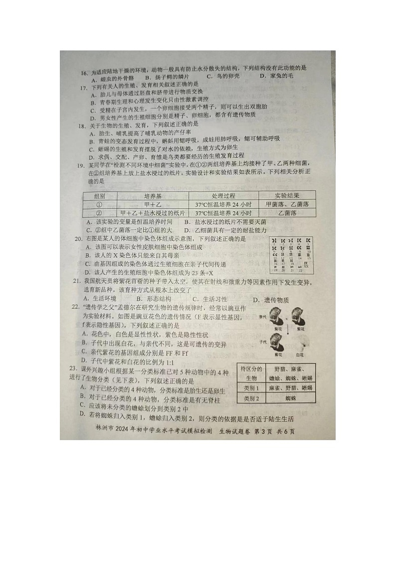 2024年湖南省株洲市八年级初中学业水平考试模拟检测生物试题03