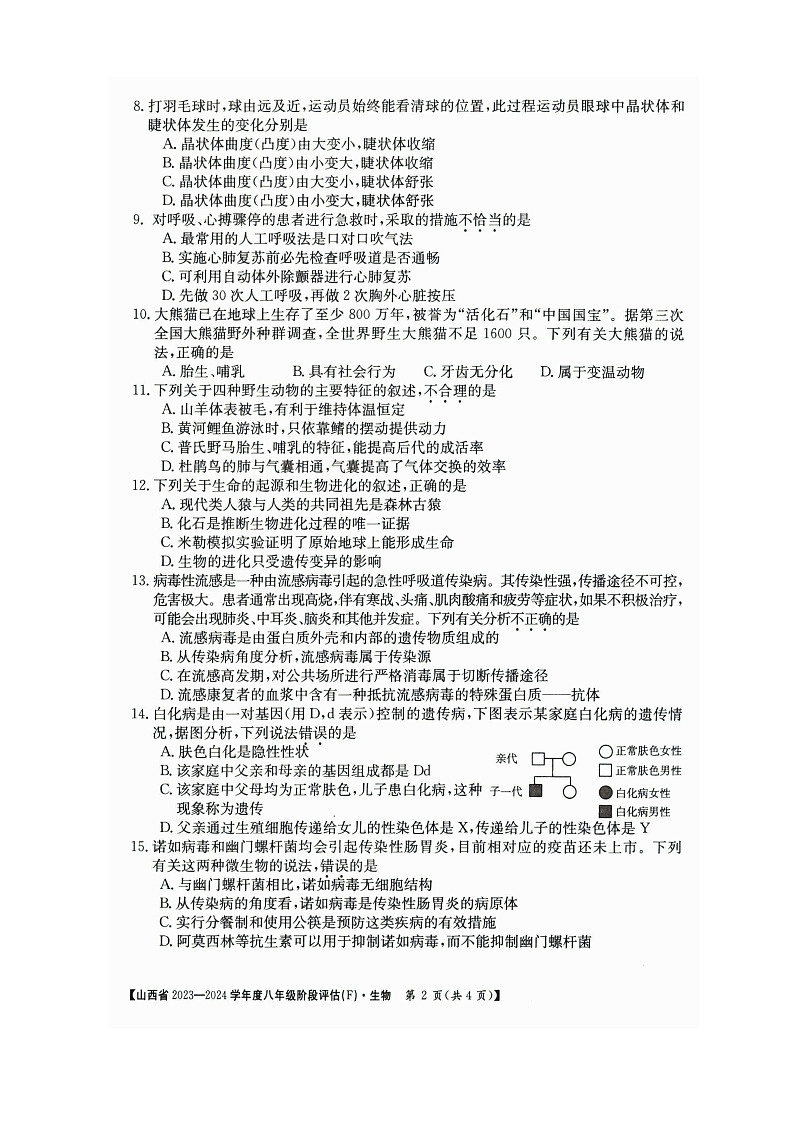 山西省朔州市多校2023－2024学年八年级下学期生物阶段评估（F）期中生物试题02