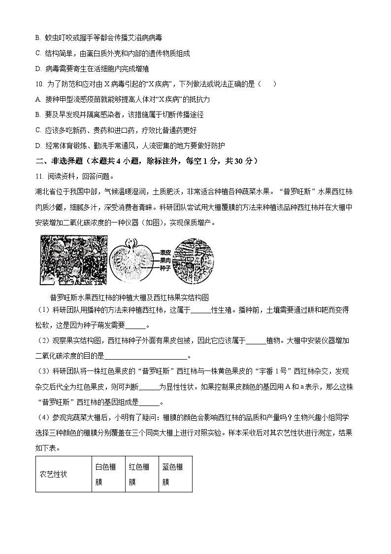 2024年湖北省知名教联体联盟八年级中考一模生物试题（原卷版+解析版）03