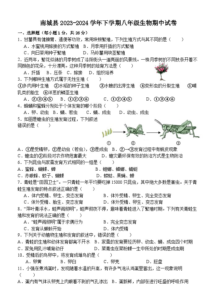 江西省抚州市南城县2023-2024学年八年级下学期期中考试生物试题第1页
