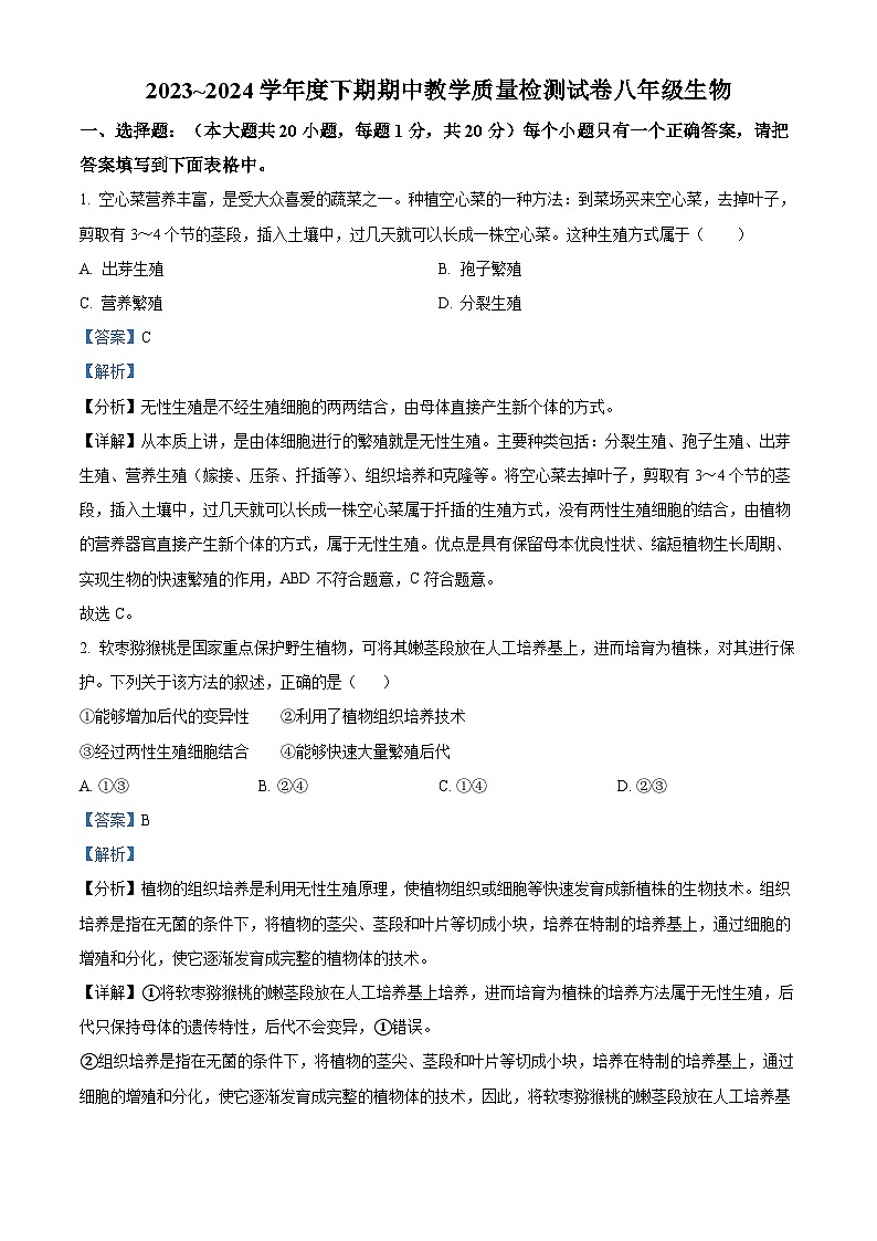 河南省漯河市郾城区2023-2024学年八年级下学期期中生物试题（解析版）第1页