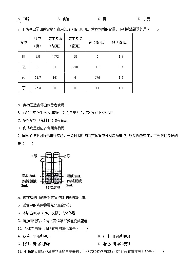 云南省昆明市寻甸县2023-2024学年七年级下学期期中生物试题（原卷版+解析版）02