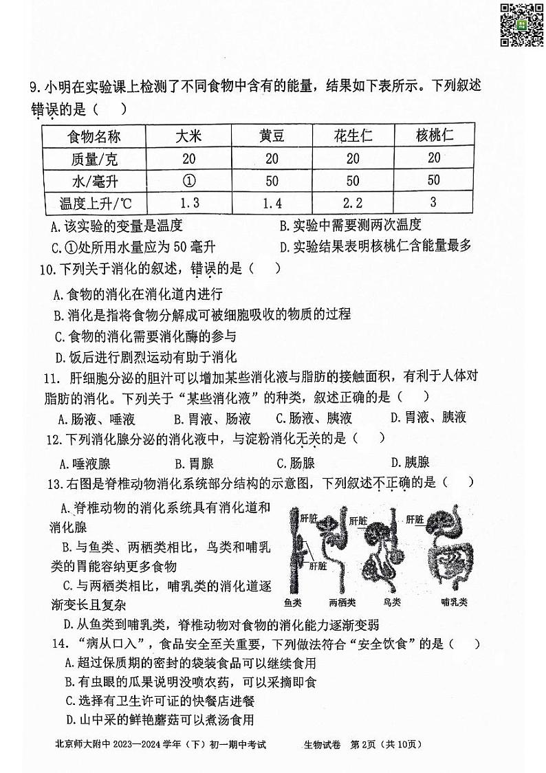 2024北京北师大附中初一下学期期中生物试卷02