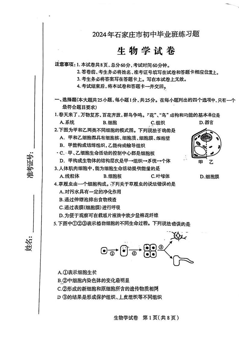 2024年河北省石家庄市初中毕业班中考生物一模卷01