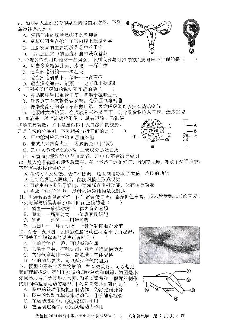 2024年湖南省娄底市娄星区八年级中考生物第一次模拟试卷02