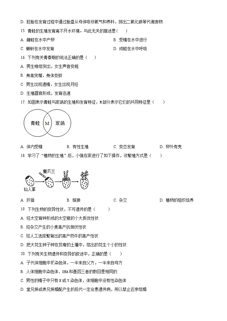 2023年福建省泉州市石狮市农村六校中考模拟生物试题（原卷版）第3页