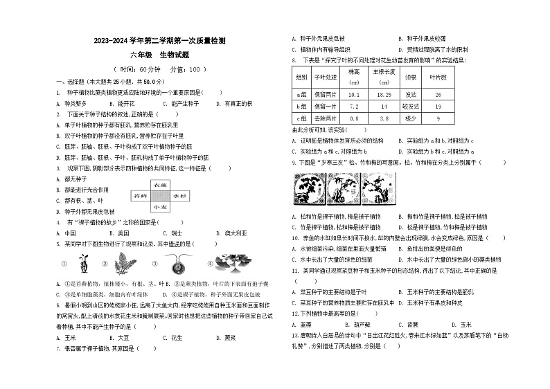 山东省东营市广饶县乐安街道乐安中学2023-2024学年六年级下学期3月月考生物试题01