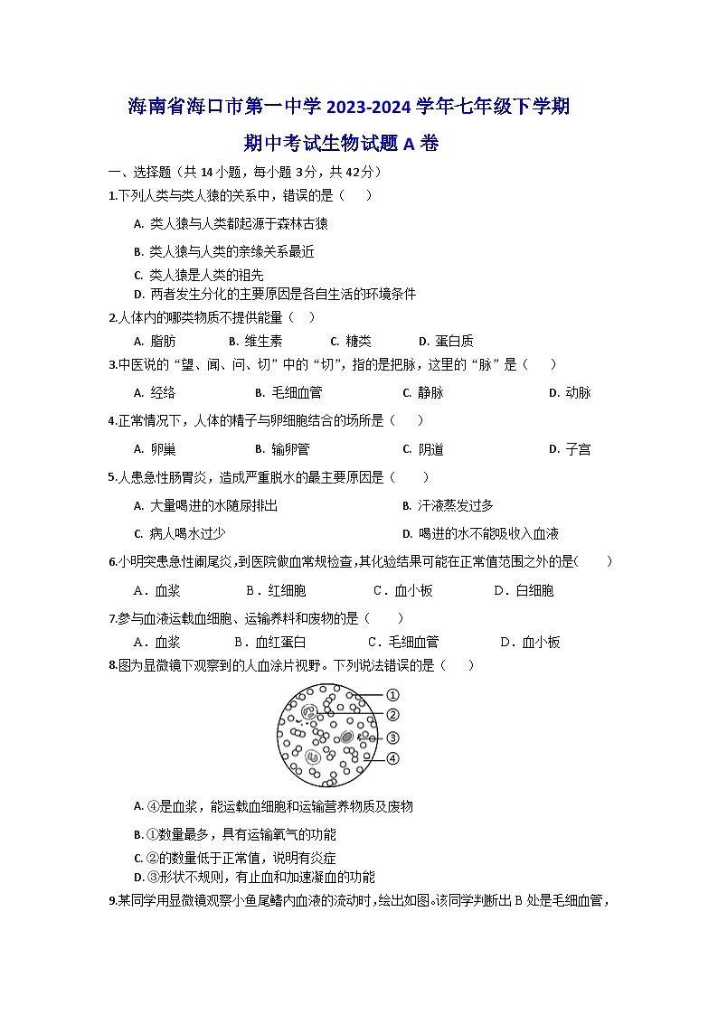 海南省海口市第一中学2023-2024学年七年级下学期期中考试生物试题A卷01