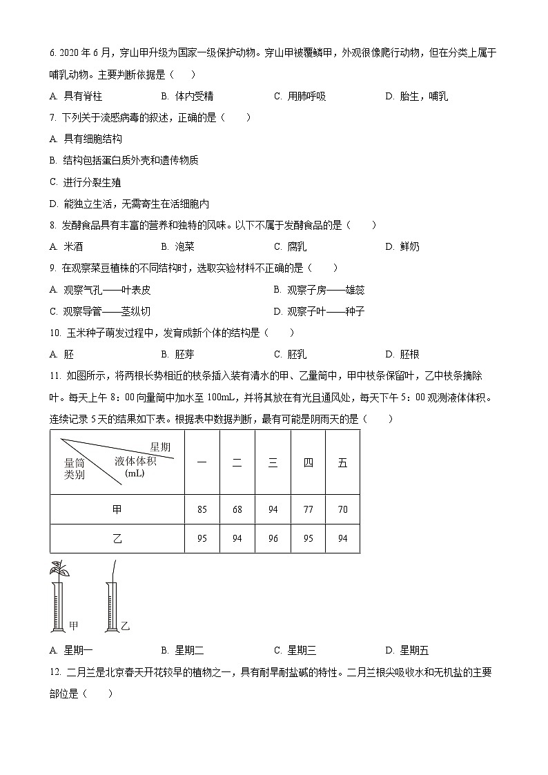 2024年北京市海淀区中考一模生物试题（原卷版）第2页