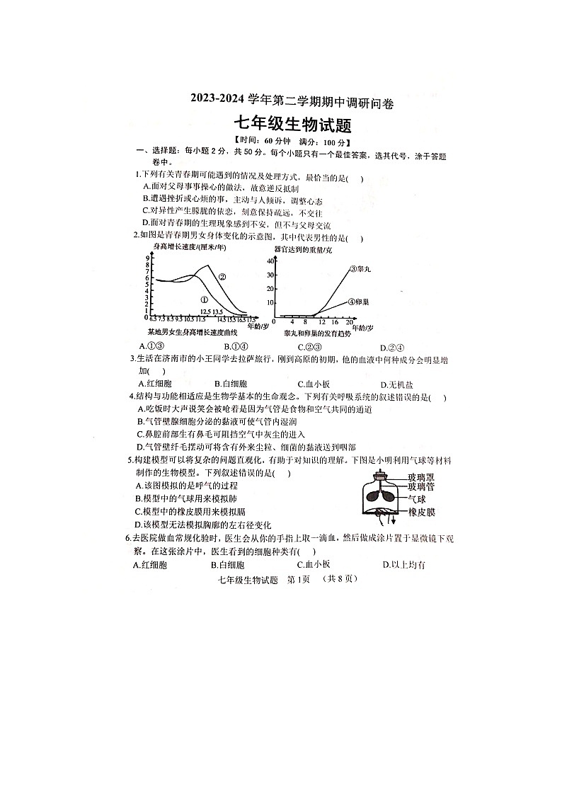 山东省聊城市东阿县2023-2024学年七年级下学期4月期中生物学试题01