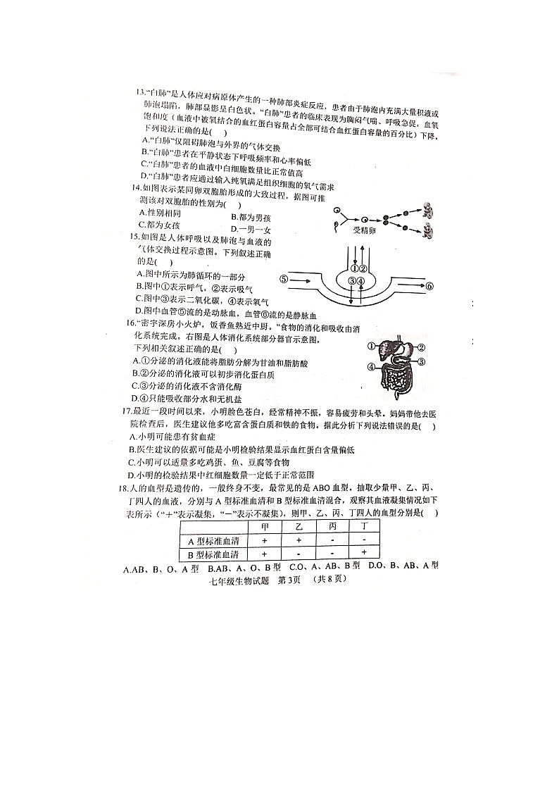山东省聊城市东阿县2023-2024学年七年级下学期4月期中生物学试题03
