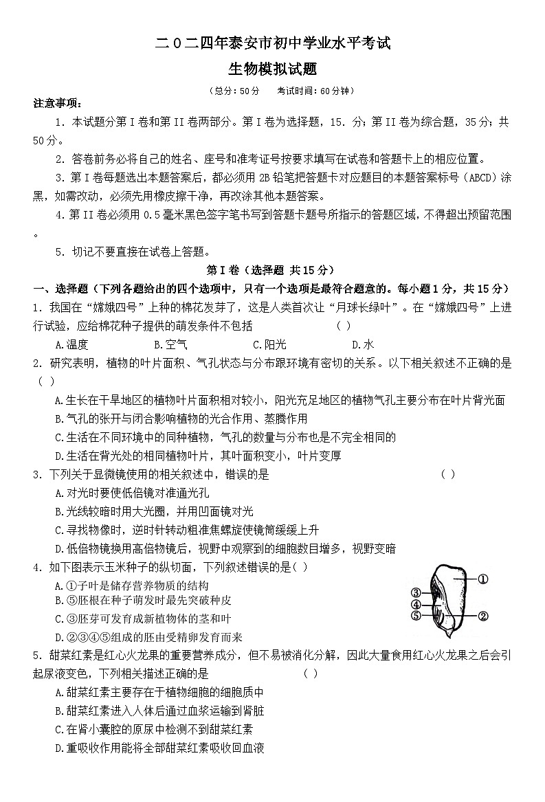 2024年山东省泰安市八年级初中学业水平考试生物模拟试题01