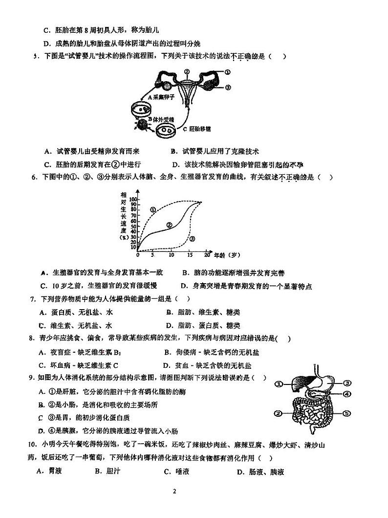 广东省江门市蓬江区省实学校2023-2024学年七年级下学期期中考试生物试卷第2页