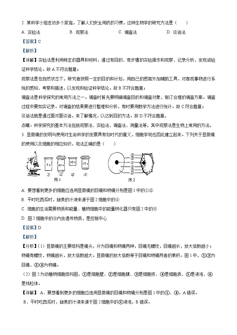 2024年陕西省渭南市潼关县中考一模生物试题（原卷版+解析版）02
