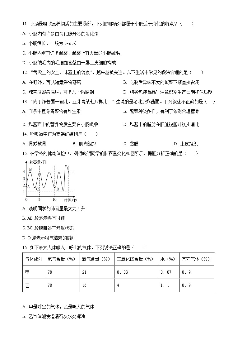 湖南省长沙市长郡斑马湖中学2023-2024学年七年级下学期期中生物试题（原卷版+解析版）03