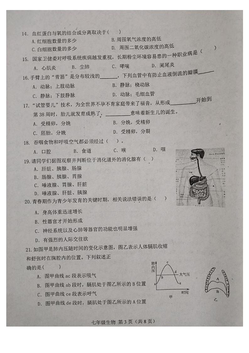 河北省唐山市滦南县2023-2024学年七年级下学期4月期中生物试题03