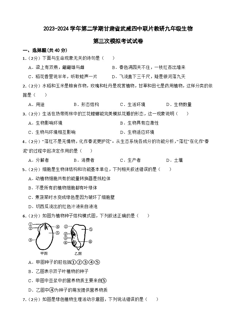 2024年甘肃省武威四中教研联片九年级三模生物试题01