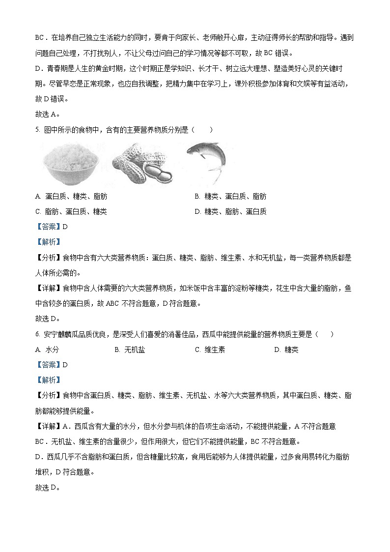 山西省实验中学2023-2024学年七年级下学期期中生物试题（解析版）第3页