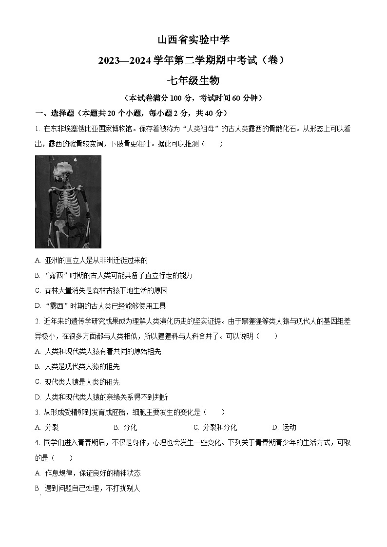 山西省实验中学2023-2024学年七年级下学期期中生物试题（原卷版）第1页