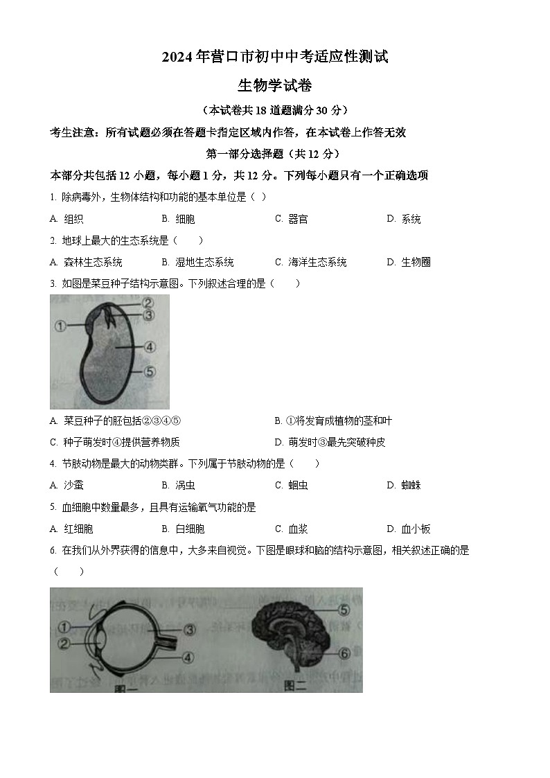 2024年辽宁省营口市初中中考适应性测试生物试题（原卷版）第1页
