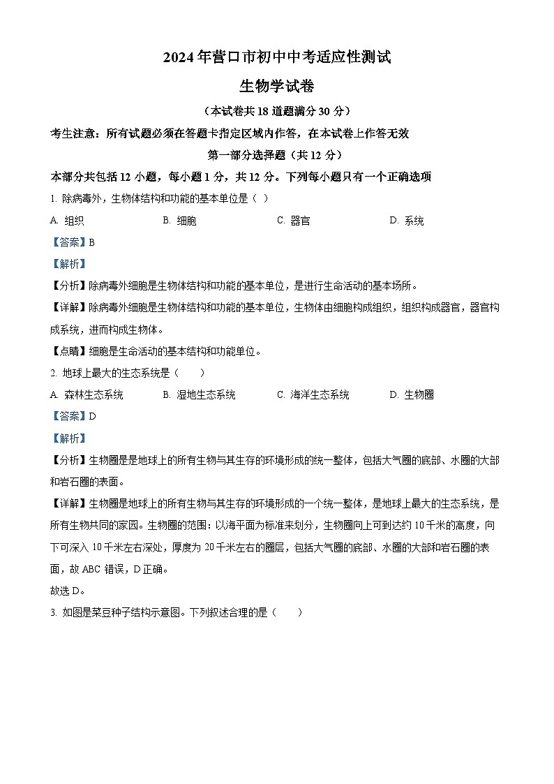 2024年辽宁省营口市初中中考适应性测试生物试题（解析版）第1页