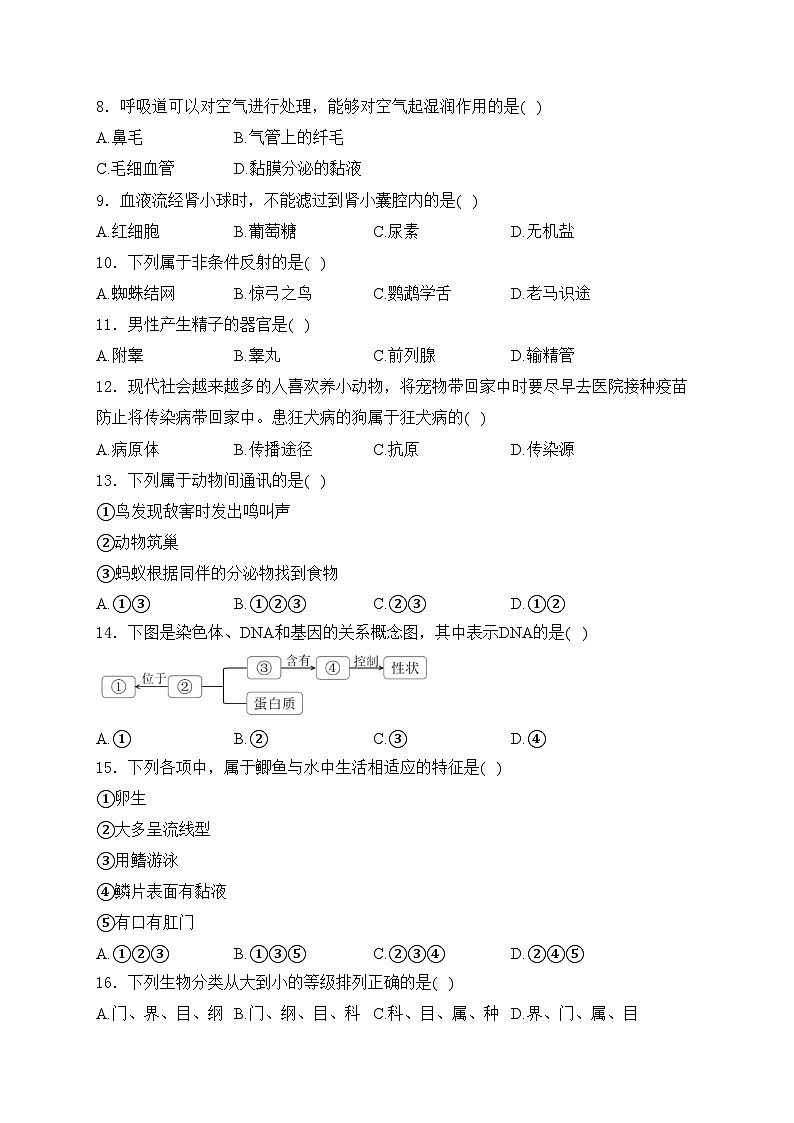 甘肃省陇南市武都区两水镇2024年中考一模生物试卷(含答案)02