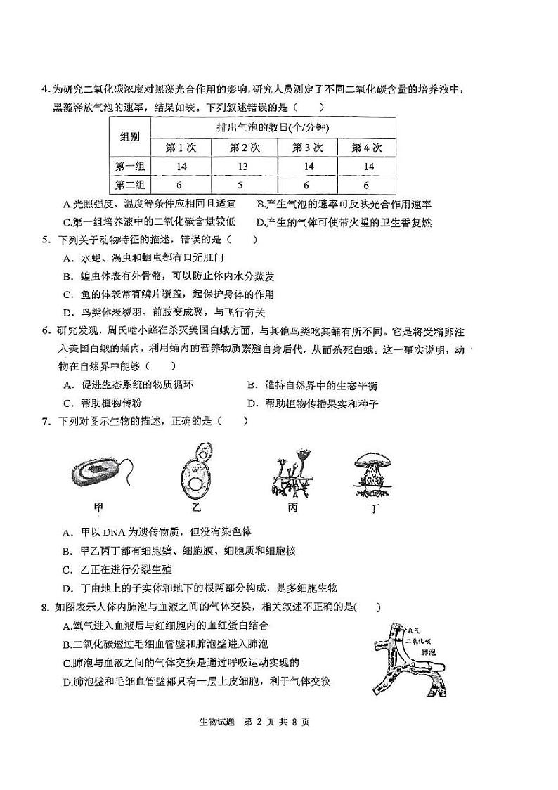 2024年山东省枣庄市山亭区初中学业水平模拟考试生物试题02